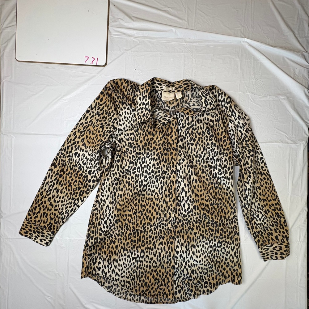 Chicos Womens No Iron Leopard Print Cotton Button Down Shirt Tan Brown Size 1
